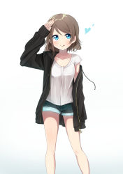 Rule 34 | 10s, 1girl, :q, black jacket, breasts, denim, denim shorts, gradient background, grey hair, heart, highres, hood, hooded jacket, jacket, long sleeves, looking to the side, love live!, love live! sunshine!!, salute, shirt, short hair, short shorts, short sleeves, shorts, sleeves past wrists, solo, standing, t-shirt, thighs, tongue, tongue out, watanabe you, white background, white shirt, yuama (drop)