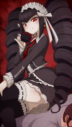 Rule 34 | 1boy, 1girl, bad id, bad pixiv id, black hair, blush, brown hair, celestia ludenberg, cup, danganronpa (series), dress, drill hair, femdom, highres, holding, human chair, human furniture, crossed legs, long hair, looking at viewer, looking down, merunyaa, nail polish, necktie, out of frame, patreon, red eyes, short hair, sitting, sitting on person, smile, sweat, thighhighs