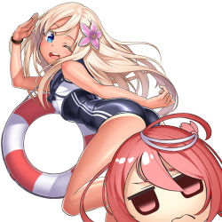 Rule 34 | 10s, 2girls, ;d, ahoge, ass, blonde hair, blue eyes, blush, crop top, flower, hair flower, hair ornament, i-58 (kancolle), kantai collection, lifebuoy, long hair, looking at viewer, multiple girls, one-piece swimsuit, one eye closed, open mouth, red eyes, red hair, ro-500 (kancolle), sailor collar, salute, school swimsuit, simple background, smile, swim ring, swimsuit, tan, tanline, unowen, wavy mouth, white background