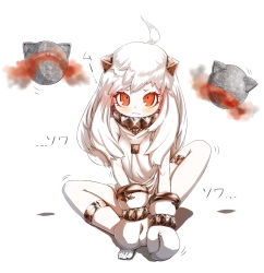 Rule 34 | 10s, 1girl, 3:, abyssal ship, ahoge, barefoot, colored skin, dress, full body, highres, horns, kantai collection, looking at viewer, mittens, northern ocean princess, orange eyes, simple background, sitting, solo focus, toes, translation request, urigarasu, white background, white dress, white hair, white skin