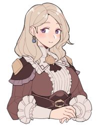 Rule 34 | 1girl, blonde hair, blush, breasts, collar, do m kaeru, earrings, fire emblem, fire emblem: three houses, fire emblem warriors, fire emblem warriors: three hopes, jewelry, large breasts, long hair, long sleeves, looking at viewer, mercedes von martritz, nintendo, official alternate hairstyle, puffy sleeves, simple background, smile, solo, upper body, white background