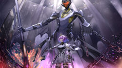 Rule 34 | 1girl, 1other, absurdres, alisa (punishing: gray raven), aqua hair, black thighhighs, chain, closed mouth, dress, glowing, glowing eyes, gradient hair, grey dress, helmet, highres, holding, holding chain, holding polearm, holding weapon, humanoid robot, joints, mechanical arms, medium hair, multicolored hair, polearm, punishing: gray raven, purple eyes, purple hair, robot, robot joints, sidelocks, thigh strap, thighhighs, weapon, wuzoto