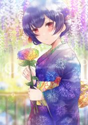 Rule 34 | 1girl, absurdres, bad id, bad twitter id, blush, bob cut, flower, hair flower, hair ornament, hair ribbon, hanging plant, highres, idolmaster, idolmaster shiny colors, japanese clothes, kimono, looking at viewer, looking to the side, morino rinze, namamake, outdoors, purple hair, red eyes, ribbon, short hair, sidelocks, solo, standing