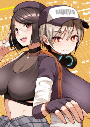 Rule 34 | 2girls, :d, baseball cap, black choker, blonde hair, bob cut, breasts, bright pupils, brown hair, character request, choker, cleavage, clothes around waist, diisuke, fingerless gloves, gloves, hand up, hat, headphones, headphones around neck, holding, holding microphone, index finger raised, jacket, jacket around waist, jewelry, large breasts, looking at viewer, microphone, midriff, multiple girls, navel, necklace, nijisanji, open mouth, red eyes, ring, seto miyako, smile, virtual youtuber, white pupils, yellow background