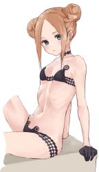 Rule 34 | 1girl, abigail williams (fate), abigail williams (swimsuit foreigner) (fate), abigail williams (swimsuit foreigner) (first ascension) (fate), bare shoulders, bikini, black bikini, black gloves, blonde hair, blue eyes, breasts, choker, collarbone, cropped legs, double bun, fate/grand order, fate (series), forehead, gloves, hair bun, knee up, kopaka (karda nui), long hair, navel, parted bangs, sidelocks, simple background, sitting, small breasts, solo, swimsuit, thighs, white background