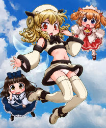 Rule 34 | 3girls, adapted costume, animal costume, blonde hair, blue dress, blue eyes, blunt bangs, brown eyes, brown hair, chestnut mouth, crop top, curly hair, detached sleeves, dress, drill hair, fairy, fairy wings, flying, hair ribbon, highres, horns, long hair, looking at viewer, luna child, midriff, miniskirt, multiple girls, open mouth, orange hair, panties, red eyes, ribbon, sheep costume, sheep horns, short hair, short twintails, skirt, star sapphire, sunny milk, tachikawa, thighhighs, touhou, twintails, underwear, white panties, wide sleeves, wings, zettai ryouiki