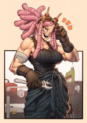 Rule 34 | 1girl, bare shoulders, boku no hero academia, breasts, brown gloves, crosshair pupils, dreadlocks, gloves, goggles, goggles on head, hatsume mei, highres, joseph virtuoso, jumpsuit, jumpsuit around waist, large breasts, large hands, muscular arms, open mouth, paneled background, pink hair, ponytail, ribbed tank top, simple background, sweat, toolbox, tools