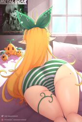 Rule 34 | ahoge, ass, ass focus, back, bed, bed sheet, blonde hair, butt crack, english text, facing away, from behind, headband, highres, huge ass, long hair, lying, mizmillificent, mole, mole on ass, nijisanji, nijisanji en, no pants, on stomach, panties, parody, pillow, plant, pointy ears, pomu rainpuff, pomudachi (pomu rainpuff), poster (object), signature, simple background, solo, striped clothes, striped panties, stuffed toy, thighs, underwear, vines, virtual youtuber, window