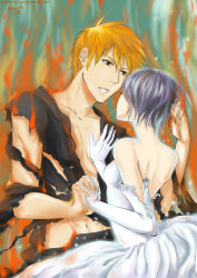 Rule 34 | 1boy, 1girl, absurdres, back, bare back, bare shoulders, bleach, dress, fire, gloves, holding hands, hand on another&#039;s chest, hetero, highres, interlocked fingers, kuchiki rukia, kurosaki ichigo, looking at another, orange hair, parted lips, purple hair, short hair, snowflakes, strapless, strapless dress, torn clothes, white dress, white gloves, yuria-chu