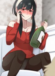 Rule 34 | 1boy, 1girl, absurdres, alcohol, bare shoulders, black hair, blonde hair, blush, bottle, breasts, cleavage, closed mouth, drink, drunk, dvljoe, hair in own mouth, hair strand, half-closed eyes, hand in own hair, highres, joemarsalanga, large breasts, off-shoulder sweater, off shoulder, panties, pantyhose, red eyes, red sweater, see-through, see-through legwear, sidelocks, sitting, smile, solo, spread legs, spy x family, sweater, twilight (spy x family), underwear, wine bottle, yor briar