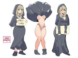 Rule 34 | 1girl, ^ ^, aqua eyes, artist name, blonde hair, blush, bra, breasts, closed eyes, commentary, deathbed smalls, elden ring, english text, fia the deathbed companion, free hugs, full body, grey robe, highres, hood, hood up, hooded robe, kamii momoru, long hair, looking at viewer, multiple views, panties, robe, sequential, sign, simple background, smile, underboob, underwear, white background, white bra, white panties, wind, wind lift