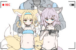 Rule 34 | 1other, 2girls, ahoge, animal ear fluff, animal ears, aqua hairband, arknights, arms behind back, bare shoulders, battery indicator, bikini, black bikini, black jacket, blonde hair, blue bikini, blue eyes, blush, bow, camera, doctor (arknights), dot nose, flat chest, fox ears, fox girl, fox tail, green eyes, grey hair, groin, hair bow, hair ornament, hair rings, hairband, hairclip, hand on another&#039;s shoulder, hood, hood up, hooded coat, hooded jacket, infection monitor (arknights), jacket, jokebag, looking at viewer, material growth, multiple girls, multiple tails, navel, off-shoulder bikini, off shoulder, official alternate costume, originium (arknights), oripathy lesion (arknights), recording, rhodes island logo (arknights), ribs, see-through, standing, sussurro (arknights), sussurro (summer flower) (arknights), suzuran (arknights), swimsuit, tail, taking picture, thigh gap, viewfinder, white background