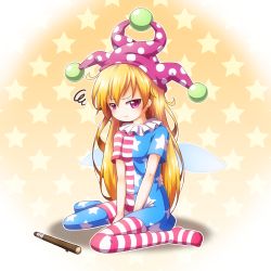 Rule 34 | 1girl, :t, alternate legwear, american flag, american flag dress, american flag legwear, blonde hair, clownpiece, collar, fairy wings, frilled collar, frilled shirt collar, frills, hat, highres, jester cap, kgo555, long hair, neck ruff, pantyhose, pout, print pantyhose, purple eyes, sitting, solo, star (symbol), stick, striped, touhou, very long hair, wariza, wings
