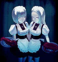 Rule 34 | 00s, 2girls, blunt bangs, bob cut, calanthe (artist), clare (claymore), claymore (series), crab, crustacean, dark, elena (claymore), from above, lobster, long hair, multiple girls, plate, short hair, side-by-side, standing, thighhighs, waitress, white legwear