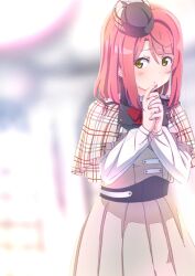 Rule 34 | 1girl, ajapar, blurry, blurry background, blush, bow, bowtie, brown jacket, brown skirt, commentary, hat, highres, jacket, long sleeves, looking at viewer, love live!, love live! nijigasaki high school idol club, medium hair, own hands together, pink hair, plaid capelet, red bow, red bowtie, skirt, solo, standing, tilted headwear, uehara ayumu, upper body, walking dream, yellow eyes