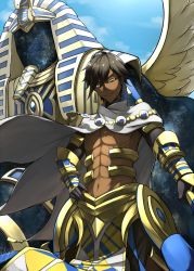 Rule 34 | 1boy, abs, ahoge, armor, cape, dark skin, fate/prototype, fate/prototype: fragments of blue and silver, fate (series), gloves, highres, jewelry, navel, ozymandias (fate), pants, short hair, smile, yellow eyes