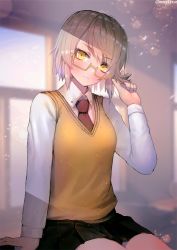Rule 34 | 1girl, alternate costume, arm support, bad id, bad twitter id, black skirt, blurry, blush, breasts, cardigan vest, classroom, closed mouth, collared shirt, confetti, depth of field, desk, girls&#039; frontline, glasses, hanato (seonoaiko), head tilt, long sleeves, looking at viewer, medium breasts, necktie, on desk, playing with hair, pleated skirt, red necktie, school, school uniform, semi-rimless eyewear, shirt, short hair, sidelocks, silver hair, sitting, on desk, skirt, solo, sparkle, thighs, twitter username, vector (girls&#039; frontline), white shirt, yellow-framed eyewear, yellow eyes