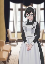 Rule 34 | 1girl, alternate costume, apron, black-framed eyewear, black dress, black hair, chair, closed eyes, closed mouth, curtains, dress, enmaided, feet out of frame, frilled apron, frills, geometrie, glasses, green eyes, highres, indoors, kantai collection, long hair, long sleeves, looking at viewer, maid, maid headdress, ooyodo (kancolle), simple background, smile, solo, white apron, white background, window