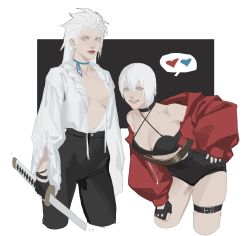 Rule 34 | 2girls, bent over, blue eyes, bridal garter, choker, dante (devil may cry), devil may cry (series), fingerless gloves, gender request, genderswap, gloves, highres, jacket, looking at viewer, multiple girls, open clothes, pale skin, red jacket, short hair, siblings, simple background, smile, sword, thigh strap, vergil (devil may cry), weapon, white hair, yaoyao794