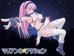 Rule 34 | 1girl, alternate hairstyle, breasts, cosplay, female focus, fingerless gloves, gloves, hatahataro, iris (iris action), iris (iris action) (cosplay), large breasts, long hair, looking at viewer, marianne (unholy sanctuary), midriff, navel, open mouth, pink hair, ponytail, red eyes, solo, thighhighs, torn clothes, unholy sanctuary