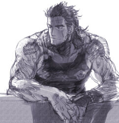 Rule 34 | 1boy, bara, beard, facial hair, final fantasy, final fantasy xv, gladiolus amicitia, greyscale, hair slicked back, karipaku, large pectorals, looking to the side, male focus, mature male, medium hair, monochrome, muscular, muscular male, own hands together, pectorals, scar, scar on face, scar on forehead, sidepec, sketch, smile, solo, tank top, upper body