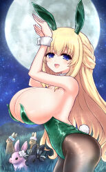 Rule 34 | 1girl, animal ears, bare shoulders, black pantyhose, blonde hair, blue eyes, blush, braid, breasts, cat ears, cat girl, cleavage, from side, large breasts, leotard, long hair, looking at viewer, neptune (series), open mouth, pantyhose, playboy bunny, rabbit tail, shimontaru, smile, solo, tail, vert (neptunia)