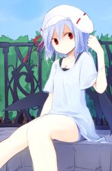 Rule 34 | 1girl, alternate costume, blue hair, blue sky, bracelet, day, hand in own hair, hat, jewelry, kazeharu, necklace, pendant, red eyes, remilia scarlet, shirt, shorts, silver hair, sky, solo, touhou