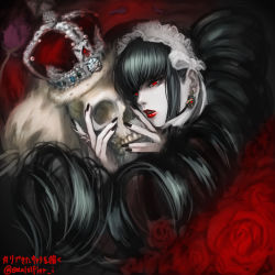 Rule 34 | 1girl, black hair, black nails, blurry, celestia ludenberg, claw ring, commentary request, crown, danganronpa: trigger happy havoc, danganronpa (series), drill hair, earrings, flower, gothic lolita, half-closed eyes, holding, holding skull, jewelry, lipstick, lolita fashion, long hair, makeup, nail polish, necktie, nyuukazai, open mouth, pale skin, realistic, red eyes, red flower, red lips, red rose, rose, skull, solo, twin drills, twintails