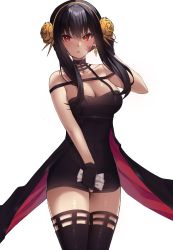 Rule 34 | 1girl, bare shoulders, black dress, black gloves, black hair, black thighhighs, blood, blood on face, breasts, cleavage, dress, earrings, flower, gloves, gold earrings, gold hairband, hair flower, hair ornament, hairband, highres, holding, jewelry, large breasts, long hair, looking at viewer, red eyes, rose, short dress, spy x family, standing, thighhighs, thighs, two-sided dress, two-sided fabric, vitaminechan, white background, yor briar