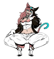 Rule 34 | 1girl, animal ears, blue eyes, breasts, brown hair, cat ears, cleavage, corruption, curious cat (rwby), dark persona, evil smile, fang, gloves, hand on own cheek, hand on own face, high heels, jacket, large breasts, long hair, looking at viewer, midriff, multicolored hair, neo politan, open clothes, open jacket, pants, pink hair, possessed, possession, redblacktac, rwby, shoes, slit pupils, smile, squatting, tail