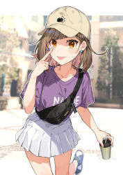 Rule 34 | 1girl, akanbe, baseball cap, bendy straw, blurry, blurry background, breasts, brown hair, brown hat, clothes writing, collarbone, cup, depth of field, disposable cup, drinking straw, earrings, eyelid pull, fanny pack, fingernails, hat, holding, holding cup, jewelry, long hair, looking at viewer, original, outdoors, pleated skirt, purple shirt, red eyes, shirako miso, shirt, shoes, short sleeves, skirt, small breasts, solo, standing, standing on one leg, tongue, tongue out, white skirt