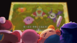 &gt;_&lt; animal_print bandana bandana_waddle_dee beak beanie black_background blue_bandana blue_cape blurry blurry_background blush_stickers cape colored_skin commentary_request controller falling from_behind fur-trimmed_robe fur-trimmed_sleeves fur_trim game_controller game_screenshot_inset gloves hat highres holding king_dedede kirby kirby&#039;s_return_to_dream_land kirby_(series) long_sleeves meta meta_knight nintendo no_humans no_mouth orange_skin pink_skin playing_games pom_pom_(clothes) pom_pom_beanie purple_skin rabbit_print red_hat red_robe robe suyasuyabi television white_mask wii_remote yellow_gloves