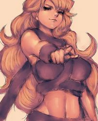 Rule 34 | 1990s (style), 1girl, ayla (chrono trigger), bare shoulders, blonde hair, chrono (series), chrono trigger, curly hair, fumio (rsqkr), long hair, navel, pointing, smug, solo, square enix