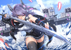 Rule 34 | 1girl, black gloves, black jacket, black skirt, black thighhighs, breasts, checkered clothes, checkered necktie, checkered neckwear, cloud, day, eyepatch, gloves, headgear, jacket, kantai collection, large breasts, machinery, necktie, outdoors, partially fingerless gloves, pleated skirt, purple hair, rigging, shirt, short hair, skirt, sky, sleeveless, sleeveless shirt, smile, solo, sword, tenryuu (kancolle), tenryuu kai ni (kancolle), thighhighs, water, weapon, yellow eyes, zombie mogura
