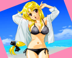 Rule 34 | 00s, 1girl, arms behind back, beach, bikini, black bikini, blonde hair, bow, breasts, cleavage, day, fate testarossa, hair bow, large breasts, long hair, low-tied long hair, lyrical nanoha, mahou shoujo lyrical nanoha, mahou shoujo lyrical nanoha strikers, midriff, navel, ocean, open clothes, open shirt, outdoors, ponytail, red eyes, ren-chan, shirt, side-tie bikini bottom, sleeves rolled up, solo, swimsuit, thigh gap, thighs, very long hair
