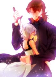 Rule 34 | 1boy, 1girl, blazbluefairy, brown hair, cassock, cheekbones, claudia hortensia, couple, cross, cross necklace, dress, fate/stay night, fate (series), height difference, hetero, hug, husband and wife, jewelry, knife, kotomine kirei, necklace, reverse grip, short hair, size difference, wavy hair, white hair