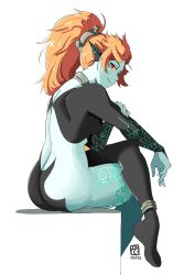Rule 34 | 1girl, anklet, ass, automatic giraffe, body markings, breasts, colored skin, crossed legs, hand on own arm, high ponytail, highres, jewelry, long hair, looking at viewer, median furrow, medium breasts, midna, multicolored skin, neck ring, neon trim, nintendo, orange hair, pointy ears, red eyes, sitting, the legend of zelda, the legend of zelda: twilight princess, thick thighs, thighs