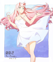 Rule 34 | 10s, 1girl, anson jun, artist name, blue eyes, breasts, character name, cleavage, cowboy shot, darling in the franxx, dated, dress, expressionless, highres, horns, long hair, medium breasts, pink hair, solo, strap slip, white dress, wind, zero two (darling in the franxx)