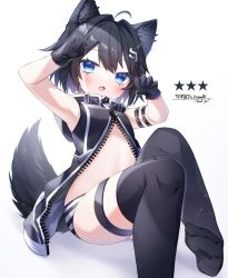 Rule 34 | 1girl, :3, :d, animal ears, black gloves, black thighhighs, blue eyes, breasts, claw pose, commission, fang, fox ears, fox girl, fox tail, gloves, highres, hood, hood down, hooded jacket, jacket, mishe (yan-k), nazu (dz lovew01), no pants, open mouth, panties, partially unzipped, second-party source, sitting, skeb commission, sleeveless, sleeveless jacket, small breasts, smile, striped clothes, striped panties, tail, thighhighs, underwear, vrchat