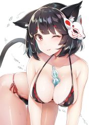 Rule 34 | 1girl, absurdres, all fours, alternate costume, animal ear fluff, animal ears, azur lane, bare shoulders, bell, between breasts, bikini, black hair, blush, bob cut, bottle, breasts, cat ears, cleavage, collarbone, condensation, fang, fang out, groin, hair ornament, highres, hime cut, large breasts, looking at viewer, mask, mask on head, one eye closed, open mouth, parted lips, ramune, red eyes, short eyebrows, short hair, side-tie bikini bottom, sidelocks, simple background, skindentation, smile, solo, swimsuit, wet, white background, yamashiro (azur lane), yayoichi (yoruyoru108)