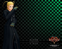 Rule 34 | 1girl, 3d, antenna hair, black coat (kingdom hearts), blonde hair, female focus, green eyes, green theme, kingdom hearts, kingdom hearts 358/2 days, knife, larxene, official art, official wallpaper, organization xiii, short hair, smile, solo, throwing knife, weapon