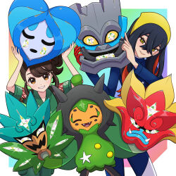 Rule 34 | 3girls, absurdres, arms up, black hair, blue jacket, blue pants, border, brown eyes, brown hair, buttons, carmine (pokemon), commentary request, creatures (company), crossed bangs, eyelashes, fangs, game freak, green shirt, grin, hair between eyes, hairband, happy, head tilt, highres, holding, holding mask, jacket, juliana (pokemon), long sleeves, looking at viewer, mask, multicolored background, multiple girls, nintendo, ogerpon, outside border, pants, parted lips, pokemon, pokemon (creature), pokemon sv, shirt, short sleeves, smile, teeth, white border, yellow eyes, yellow hairband, yuu (jgvj7873)