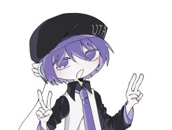 Rule 34 | 1girl, beret, black hat, cable, cho (cho utu00), collared shirt, double v, hands up, hashtag-only commentary, hat, headgear, long sleeves, looking at viewer, necktie, open mouth, purple eyes, purple hair, purple necktie, shirt, short hair, solo, upper body, utane uta, utau, v