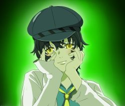 Rule 34 | 1girl, androgynous, atlus, black hair, blue hair, cabbie hat, dark persona, gasai yuno, hands on own cheeks, hands on own face, hat, lab coat, meteoris, mirai nikki, necktie, oversized clothes, parody, persona, persona 4, reverse trap, shadow (persona), shirogane naoto, shirt, short hair, solo, yandere trance, yellow eyes