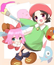 Rule 34 | 2girls, :d, adeleine, batamon, black hair, black legwear, blue eyes, blue wings, blush, brown footwear, canvas (object), collared shirt, commentary request, covering own mouth, dress, fairy, fairy wings, flying sweatdrops, green shirt, hair between eyes, hat, highres, holding, holding paintbrush, kirby (series), kirby 64, long sleeves, looking at viewer, multiple girls, nintendo, non (wednesday-classic), open mouth, paintbrush, parted bangs, pink hair, red dress, red hat, ribbon (kirby), shirt, shoes, smile, socks, standing, standing on one leg, transparent wings, wings