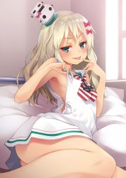 Rule 34 | 1girl, anchor, ass, bare legs, blonde hair, blue eyes, blush, bow, clothes pull, commentary request, dress, dress pull, finger to mouth, flat chest, grecale (kancolle), hair between eyes, hair bow, hair ornament, hair ribbon, hat, highres, indoors, kantai collection, long hair, looking at viewer, lying, mofu namako, ribbon, sailor collar, sailor dress, side-tie dress, sleeveless, sleeveless dress, smile, solo, striped, tongue, tongue out, white dress, white sailor collar