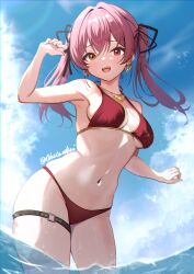 Rule 34 | 1girl, bare shoulders, bikini, black ribbon, blush, breasts, cleavage, earrings, hair ribbon, heart, heart-shaped pupils, heart earrings, heart necklace, heterochromia, highres, hololive, houshou marine, houshou marine (summer), jewelry, large breasts, long hair, looking at viewer, navel, necklace, open mouth, outdoors, red bikini, red eyes, red hair, ribbon, smile, solo, swimsuit, symbol-shaped pupils, thigh strap, toketa-sekai, twintails, virtual youtuber, yellow eyes