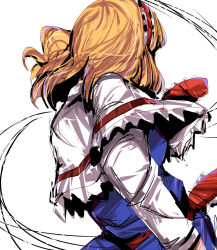 Rule 34 | 1girl, alice margatroid, blonde hair, blue dress, capelet, dress, female focus, frills, from behind, hairband, long sleeves, magukappu, necktie, puppet strings, red hairband, red necktie, short hair, simple background, solo, spinning, touhou, upper body, white background