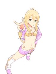 Rule 34 | 1girl, ahoge, belly chain, bikini, bikini top only, blonde hair, boots, breasts, cleavage, cool &amp; sexy (idolmaster), drawr, foreshortening, from above, green eyes, hand on own hip, hip focus, hoshii miki, idolmaster, idolmaster (classic), jewelry, looking at viewer, midriff, navel, necklace, oekaki, pantyhose, q (ed69), short shorts, shorts, simple background, small breasts, smile, solo, swimsuit, v, white background