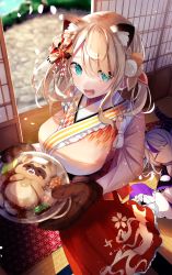 Rule 34 | 2girls, :d, alternate breast size, animal ear fluff, animal ears, bad id, bad pixiv id, blonde hair, blue eyes, breasts, commentary request, cooking pot, demon horns, food, hair ornament, hakama, hakama skirt, highres, holding, holding cooking pot, hololive, horns, indoors, japanese clothes, kazama iroha, kimono, la+ darknesss, large breasts, looking at viewer, lying, medium hair, mittens, multicolored hair, multiple girls, nidaime (doronbo), on back, open mouth, pink kimono, pokobee, purple hair, red hakama, silver hair, skirt, sleeping, smile, standing, streaked hair, virtual youtuber
